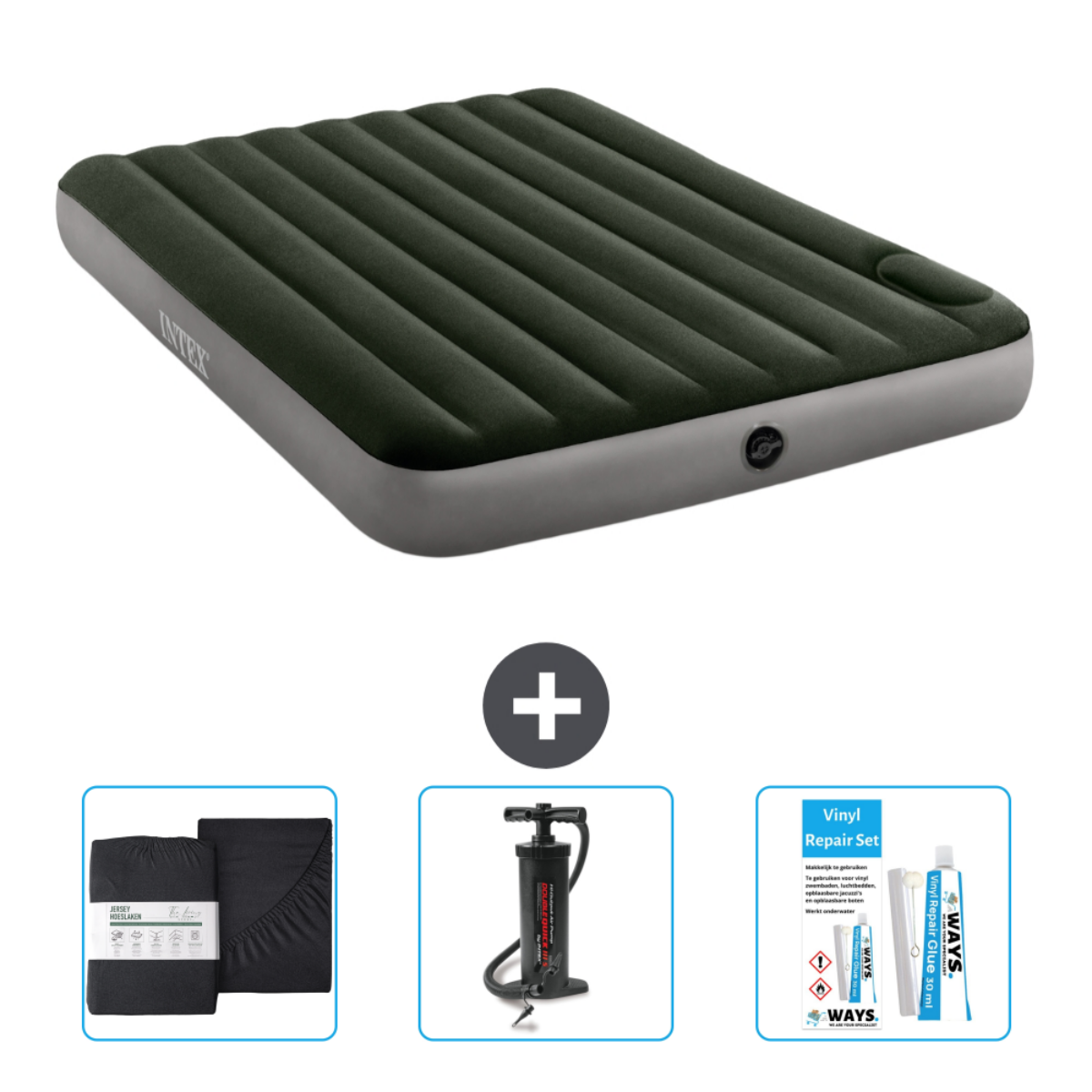 Donkergroen opblaasbed met accessoires: lakens, pomp en reparatieset.