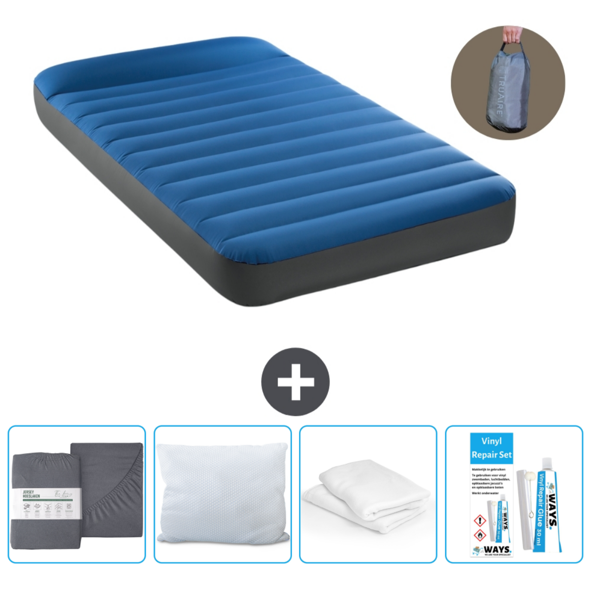 Matelas gonflable bleu avec oreillers, ensemble de draps et kit de réparation.