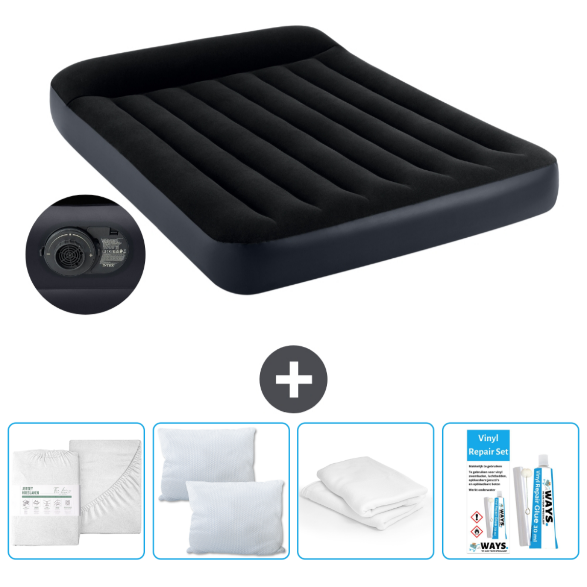 Zwart opblaasbed met accessoires: lakens, kussens en reparatieset.