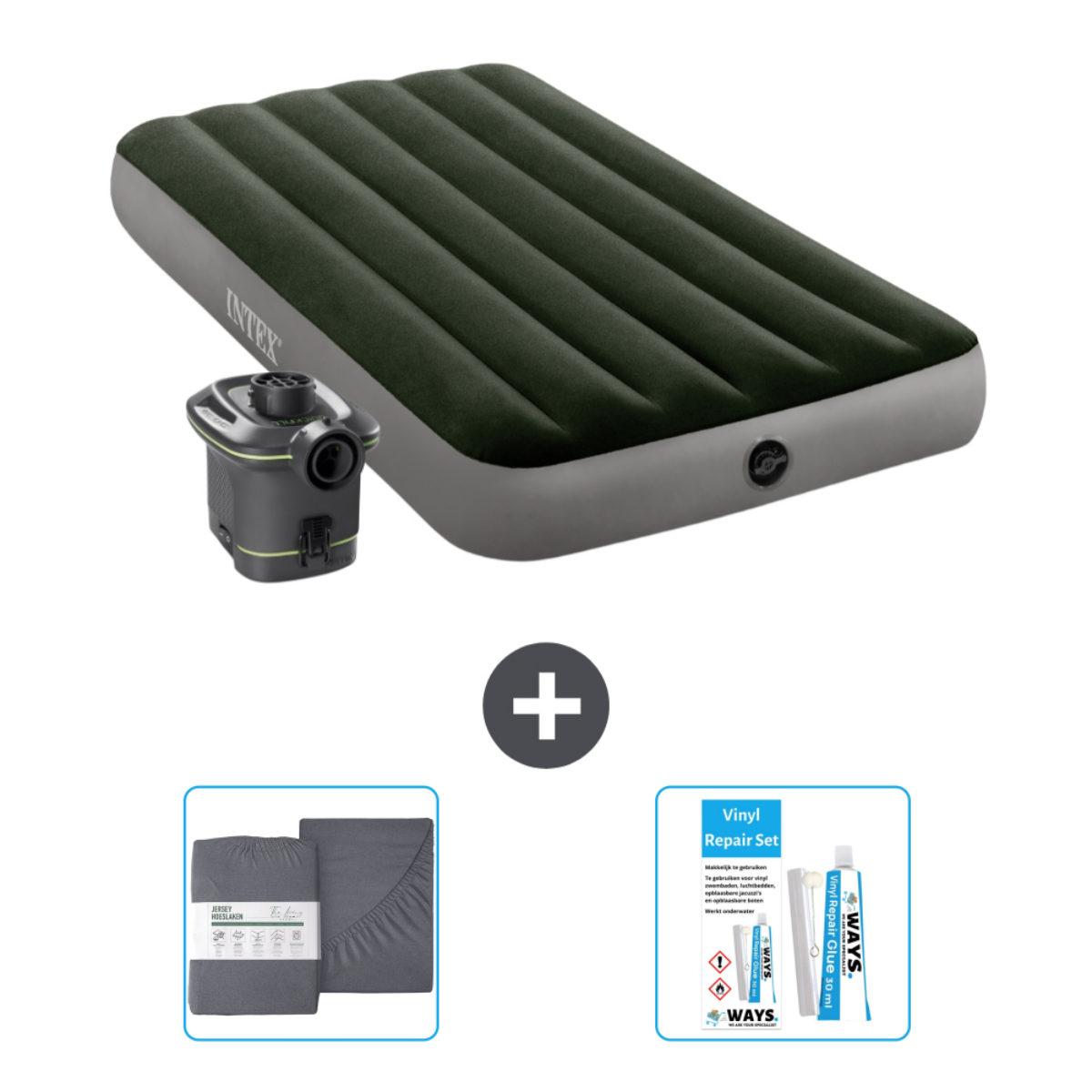 Lit gonflable vert avec accessoires : drap, pompe et kit de réparation.