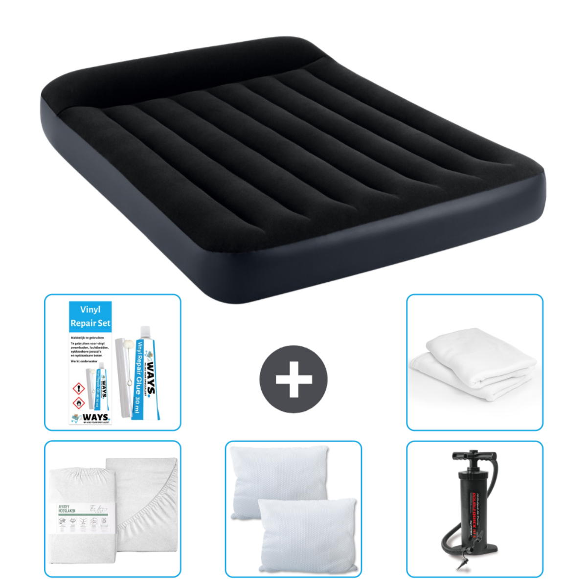 Matelas gonflable noir avec accessoires: draps, oreillers, kit réparation, pompe. Blanc.