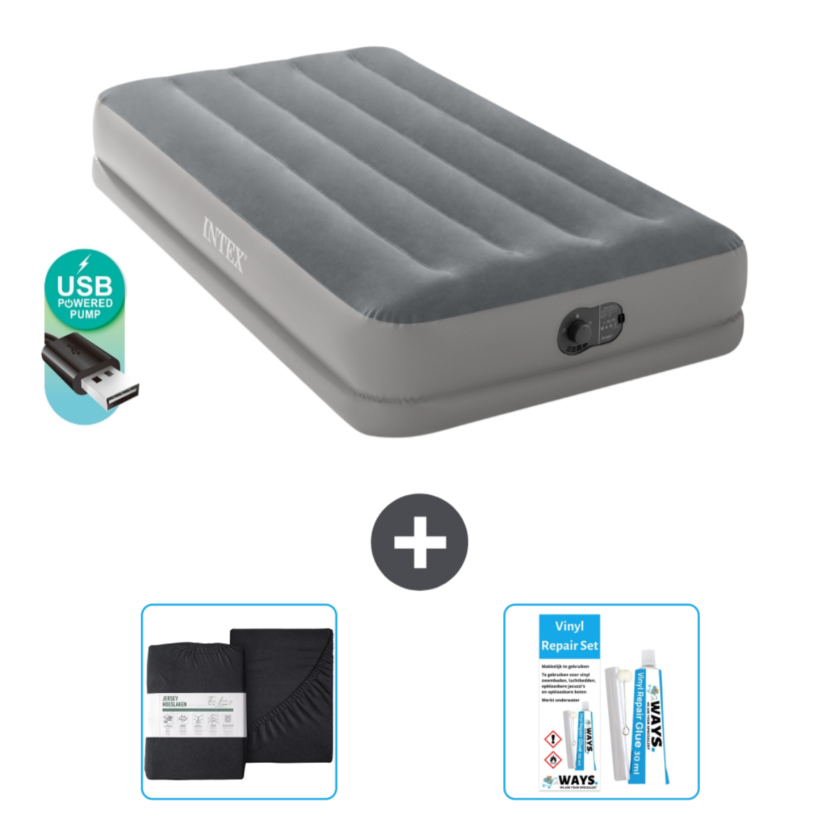 Grijs luchtbed met USB-pomp, lakens en reparatieset. Witte achtergrond.