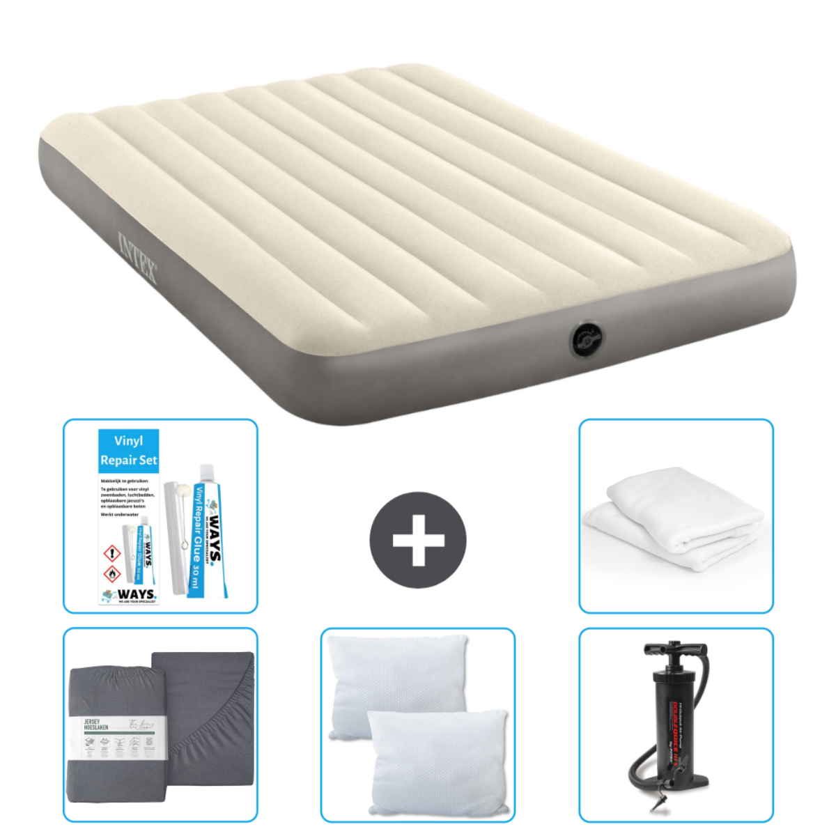 Un matelas gonflable, un kit de réparation, des draps, des oreillers et une pompe sont affichés.