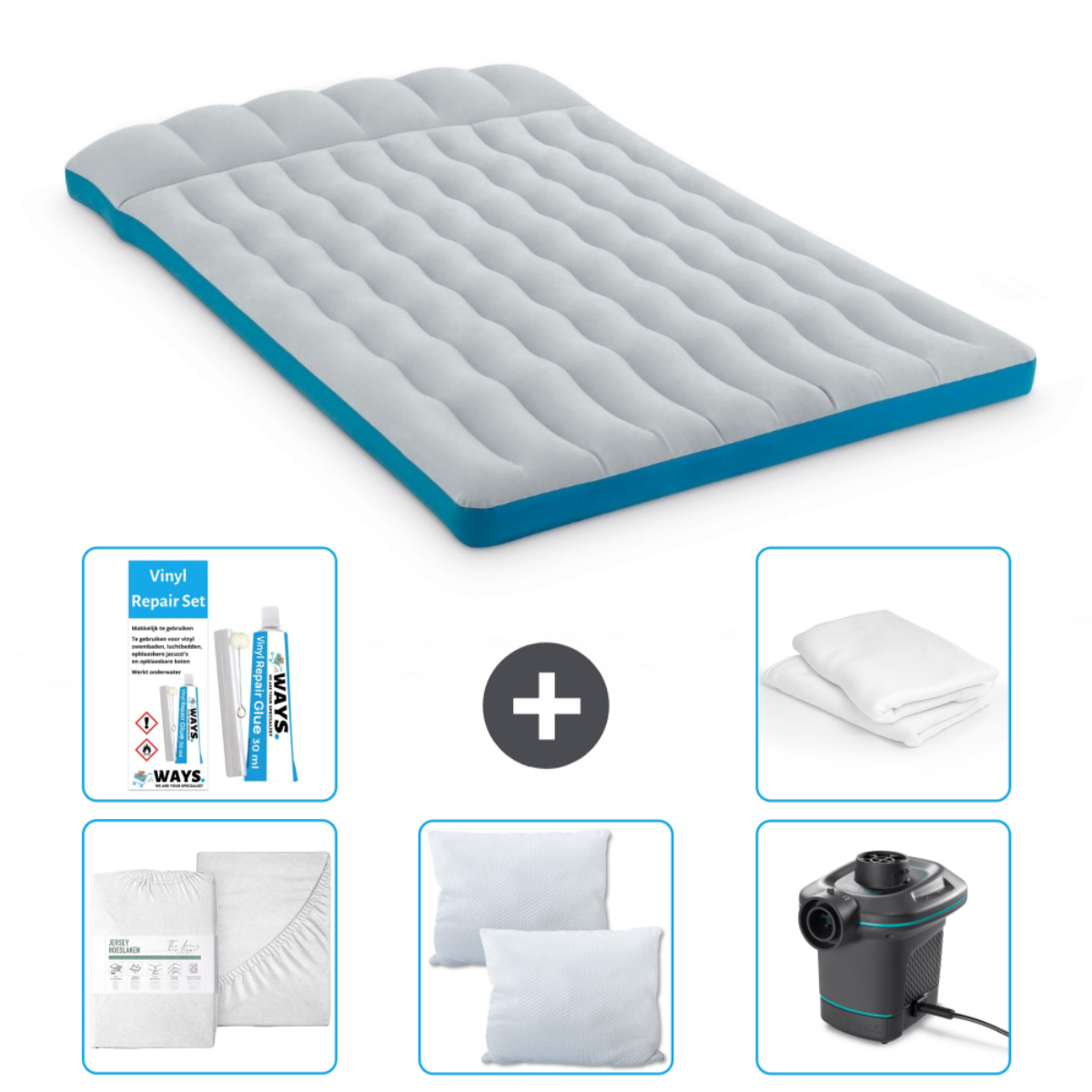 Grijs en blauw luchtmatras met accessoires: wit beddengoed, kussens, een reparatieset en een elektrische pomp.