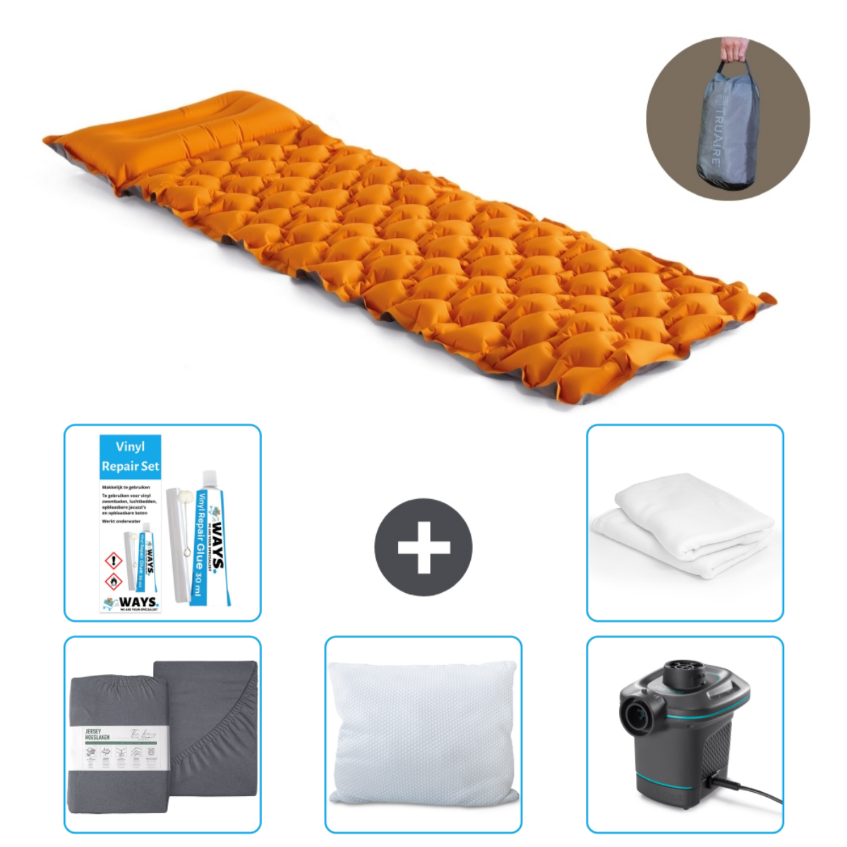 Een oranje luchtmatras met een reparatieset, een lakenset, een kussen, een pomp en een draagtas.