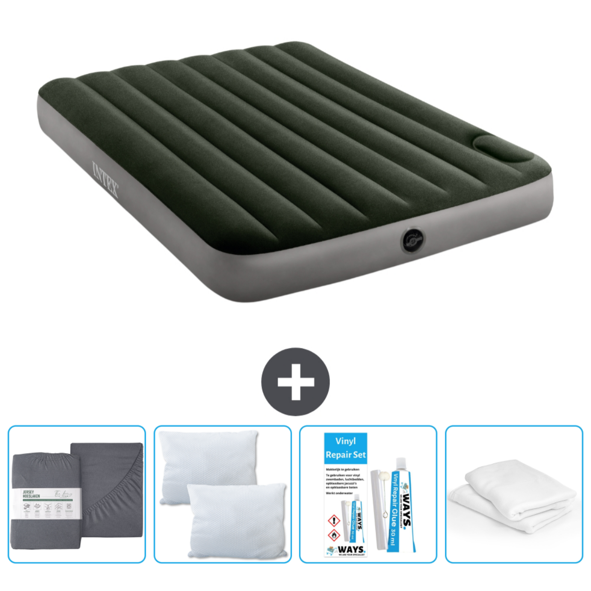 Matelas gonflable Intex vert avec draps, oreillers et kit de réparation.