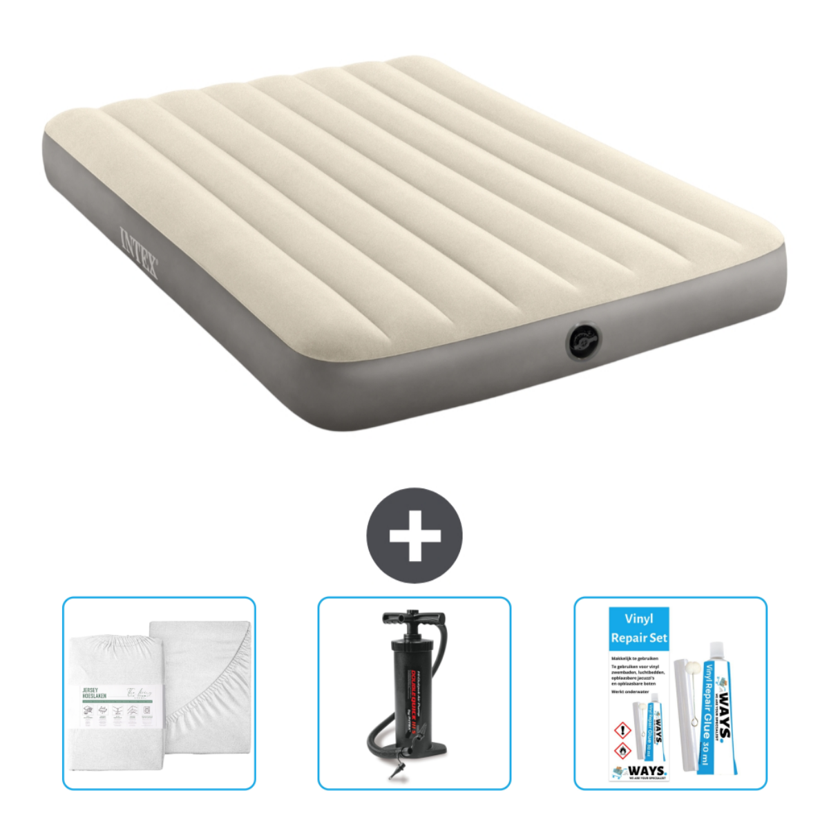 Matelas pneumatique Intex beige avec accessoires, kit de réparation et pompe.
