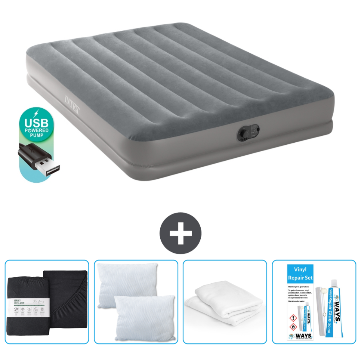 Matelas gonflable gris avec pompe USB, oreillers, draps et kit de réparation.