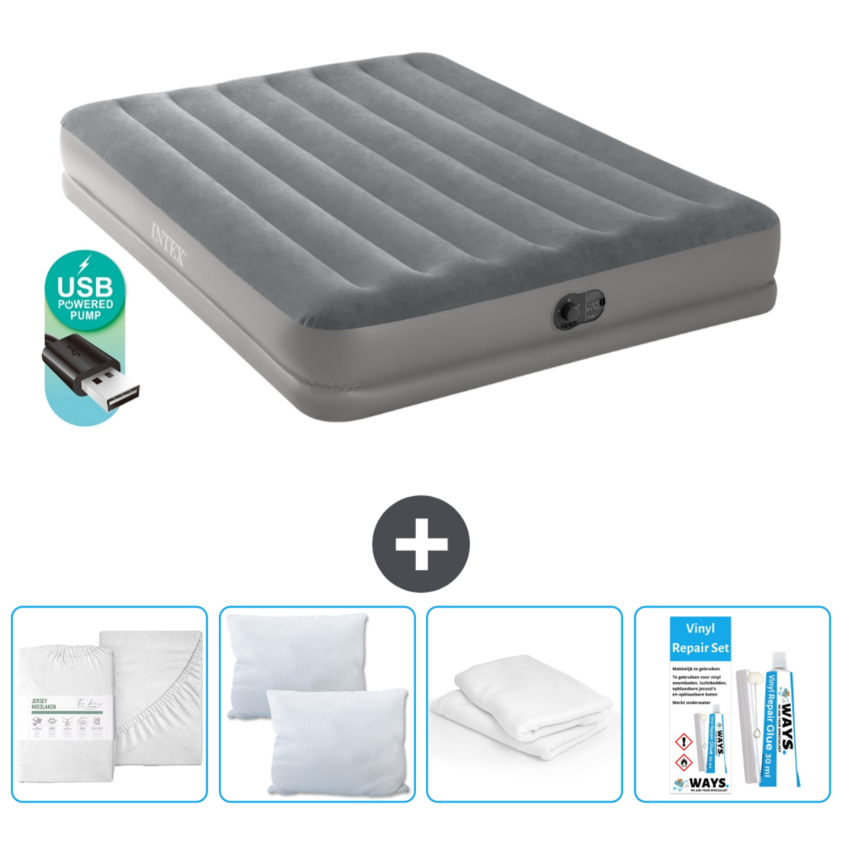 Matelas gonflable gris avec pompe USB, oreillers, draps et kit de réparation.