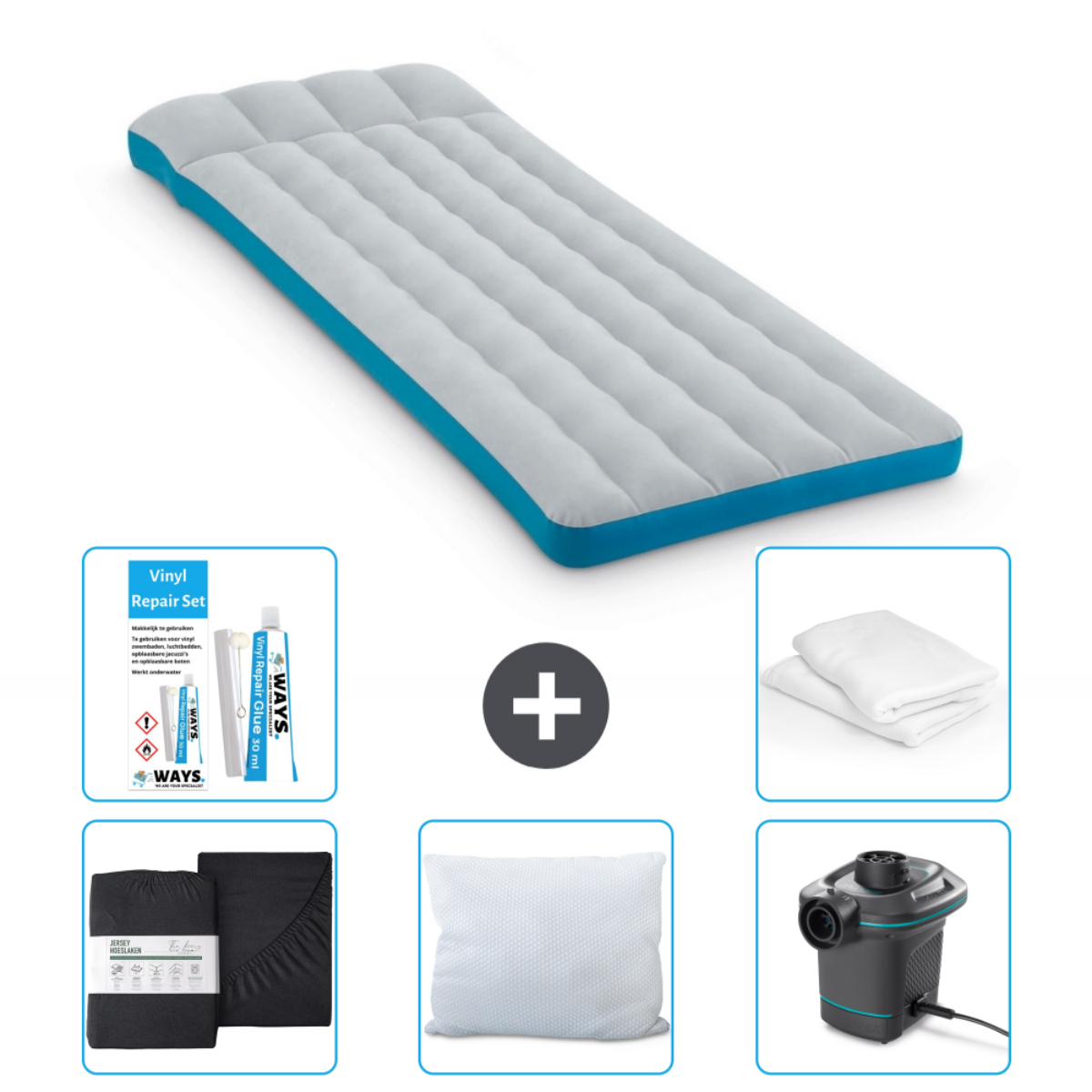 Matelas gonflable gris avec bordure bleue. Comprend draps, oreiller, pompe et kit de réparation.