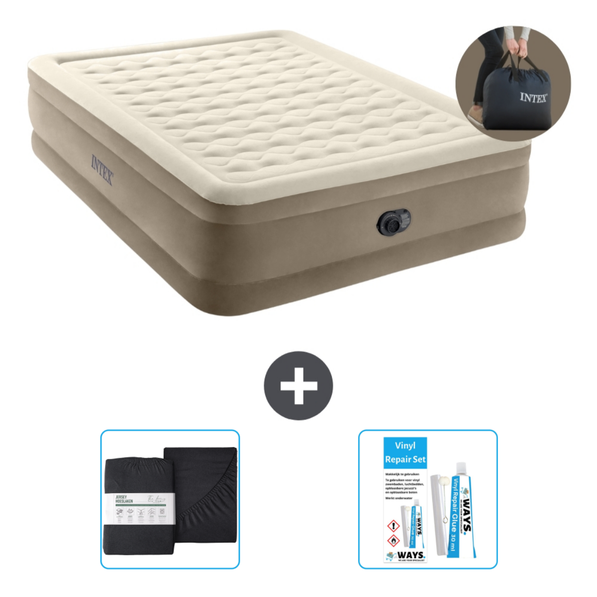 Beige luchtbed met bruine basis, plus beddengoed, tas en reparatieset.