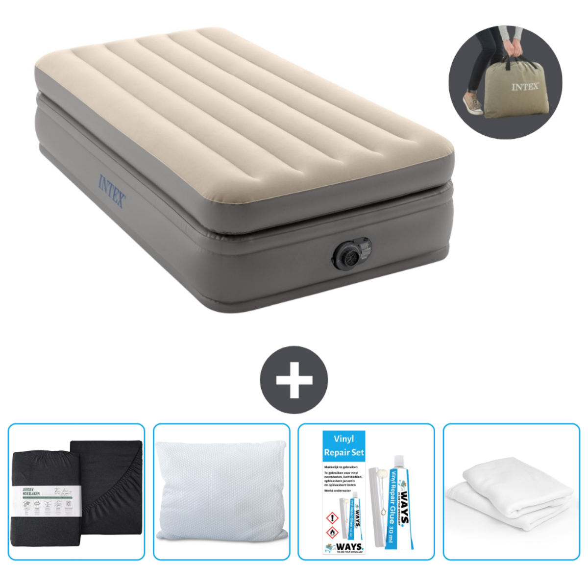 Matelas gonflable beige avec accessoires: draps, oreillers, kit réparation et sac. Blanc.