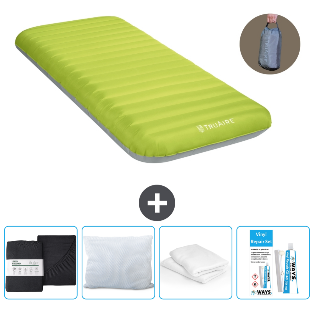 Groene opblaasbare slaapmat met accessoires: lakens, kussen, pomp en reparatieset. Witte achtergrond.