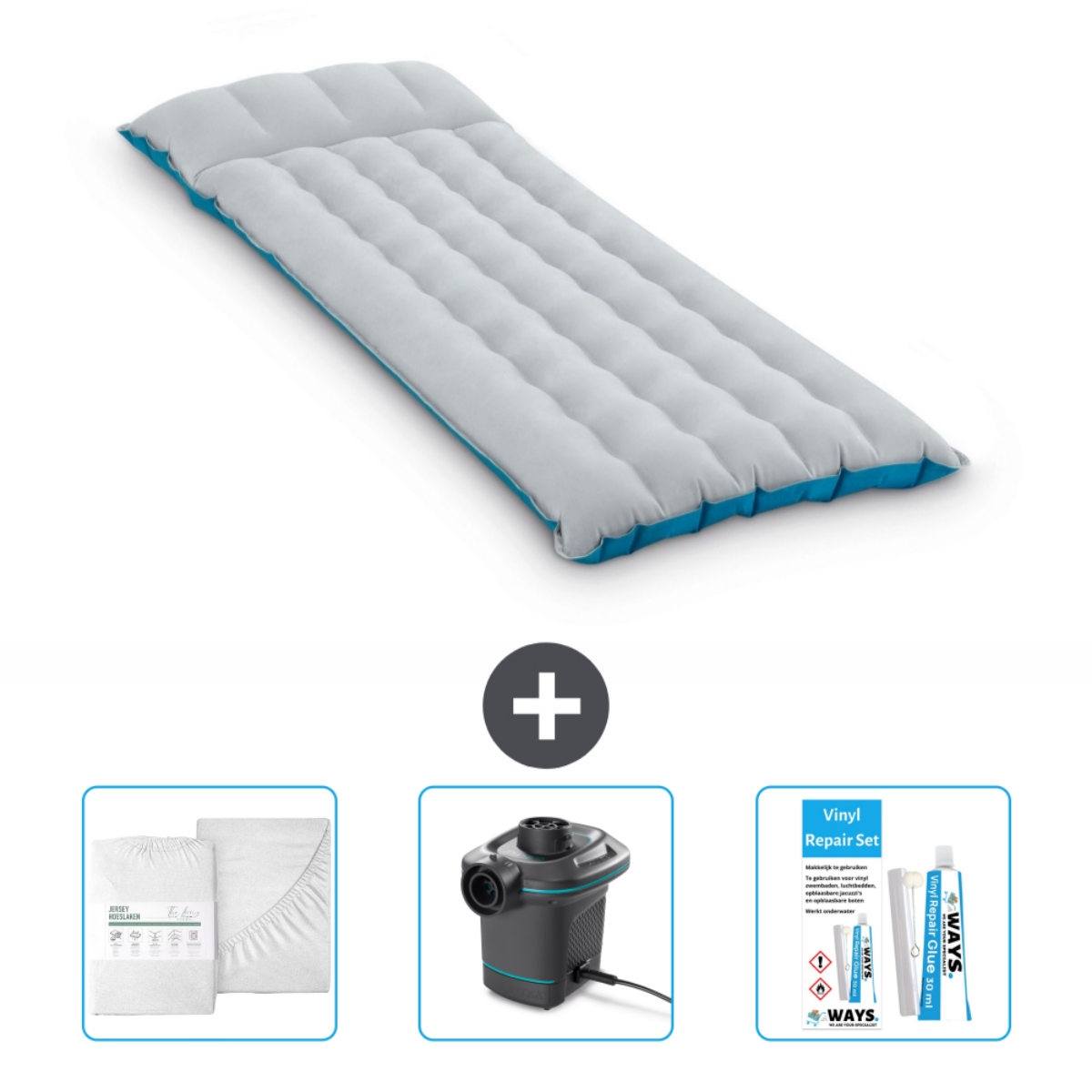 Matelas gonflable gris et bleu avec accessoires : draps, pompe et kit de réparation.