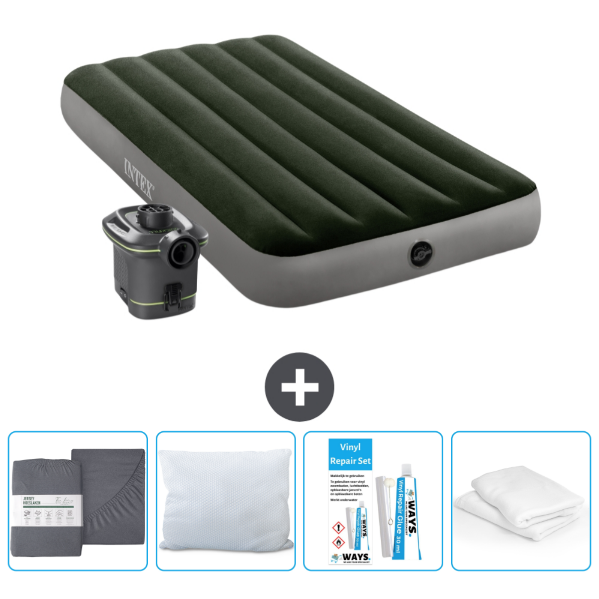 Matelas pneumatique Intex vert avec accessoires, dont une pompe électrique.