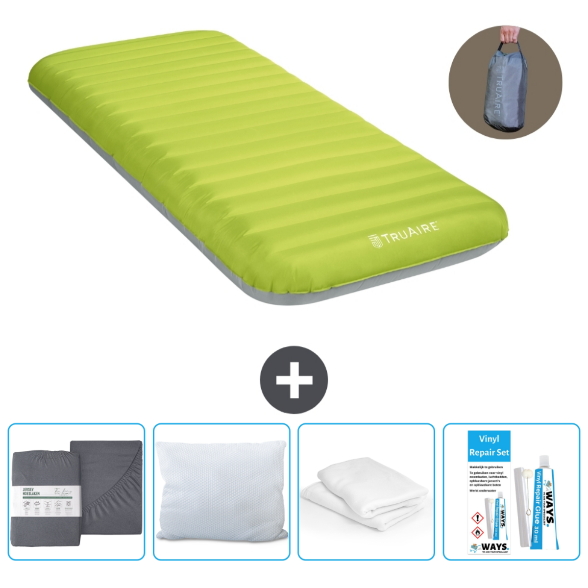 Matelas gonflable vert citron avec oreillers, draps et kit de réparation.