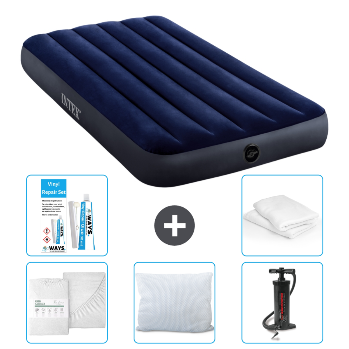 Lit gonflable bleu avec accessoires : kit de réparation, draps, oreiller et pompe. Le signe plus indique.