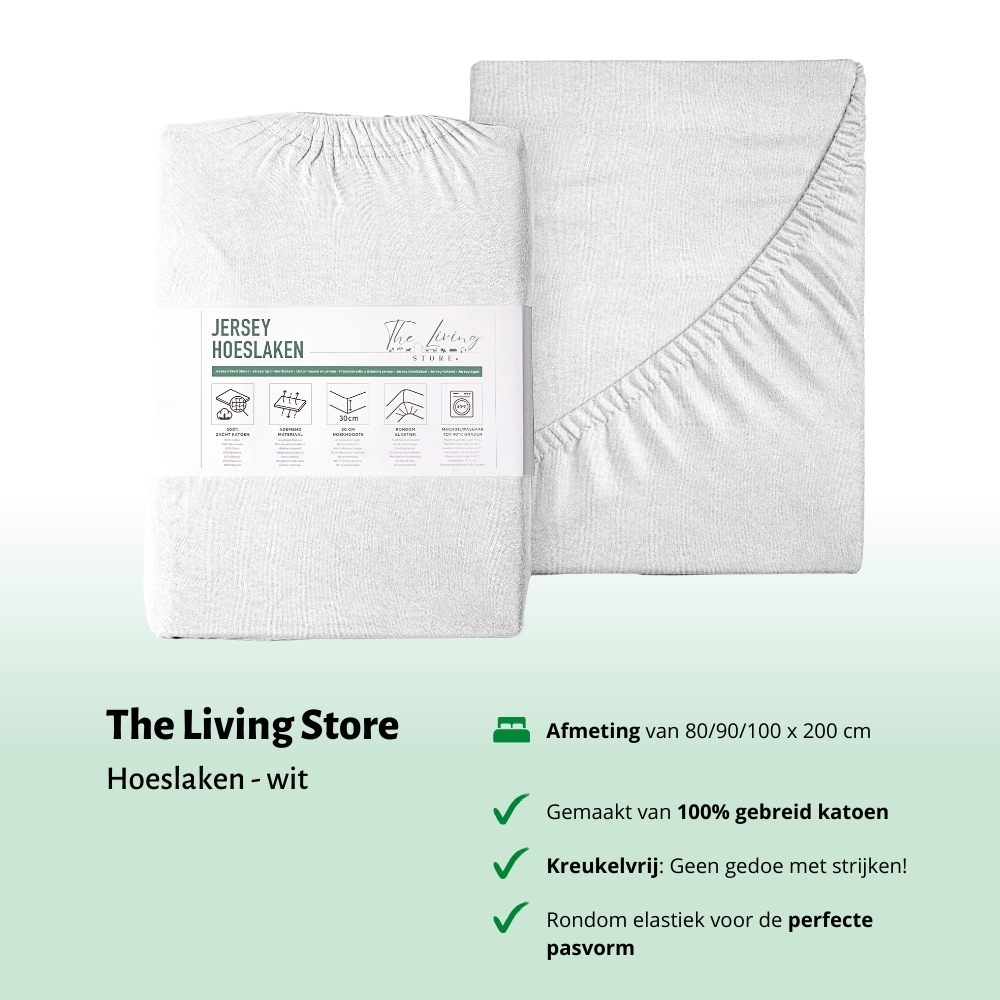 Drap-housse blanc, texte : The Living Store, caractéristiques, dimensions.
