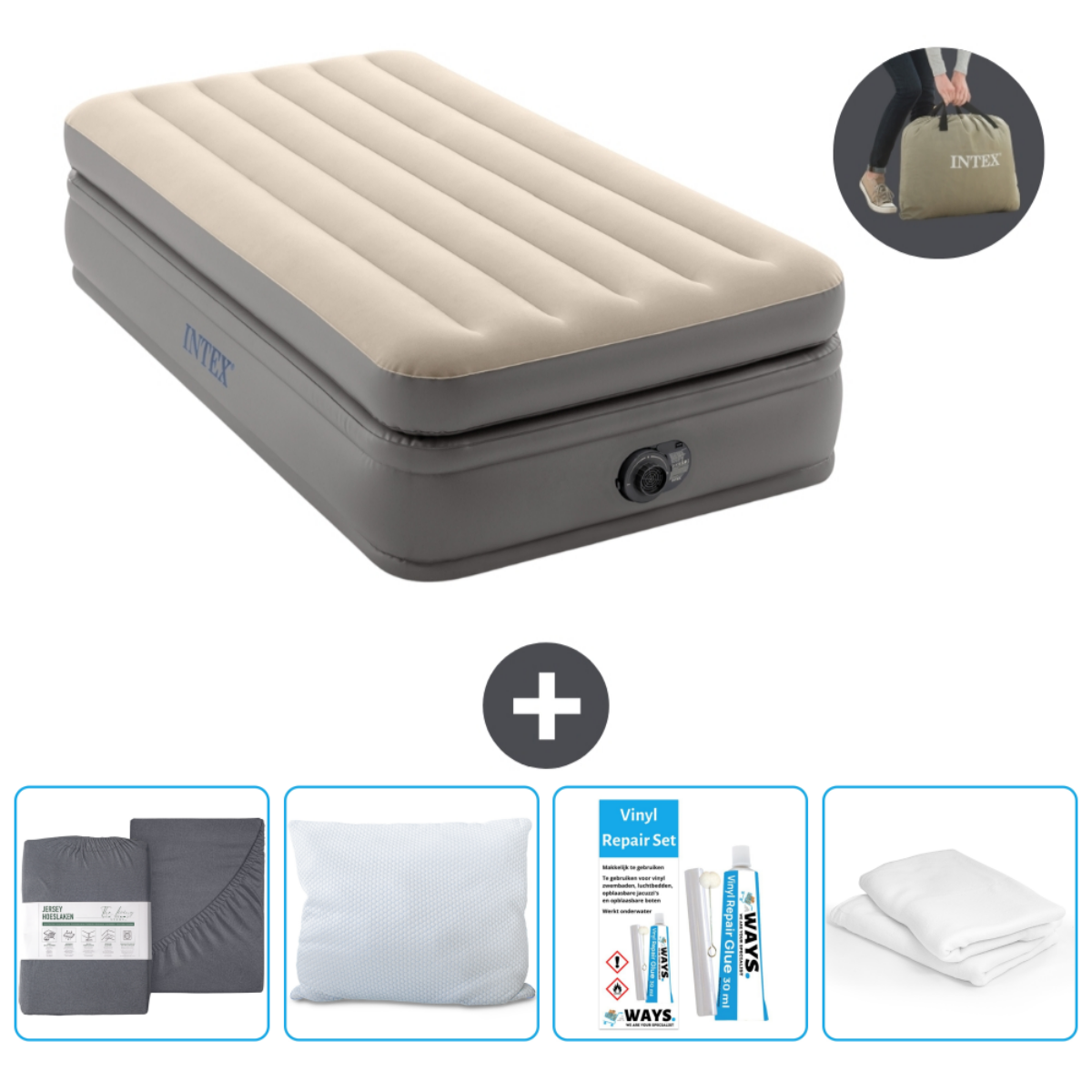 Lit gonflable beige avec têtière, accessoires : oreillers, draps, kit de réparation et sac de transport.