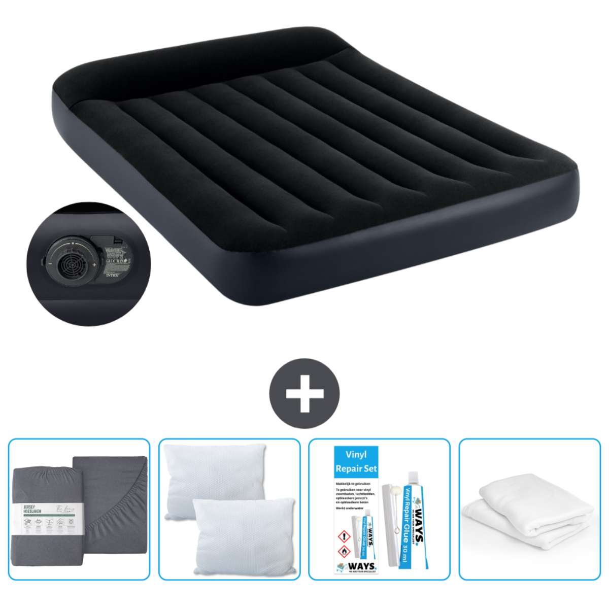 Matelas pneumatique Intex noir avec accessoires, oreillers, kit et pompe électrique.
