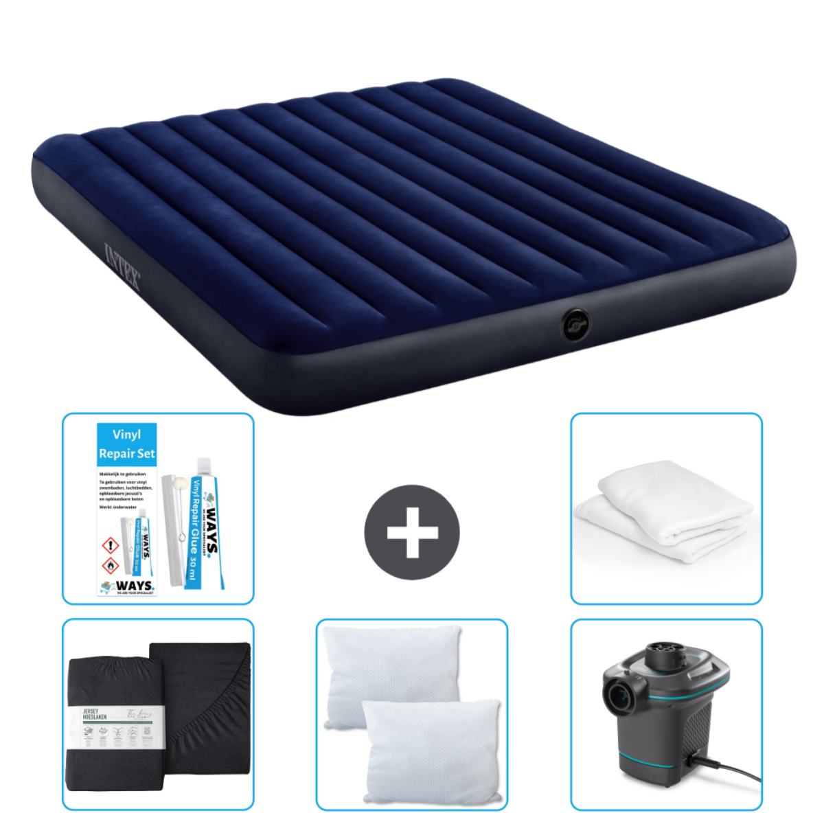 Blauw opblaasbed met accessoires: lakens, kussens, pomp en reparatieset.