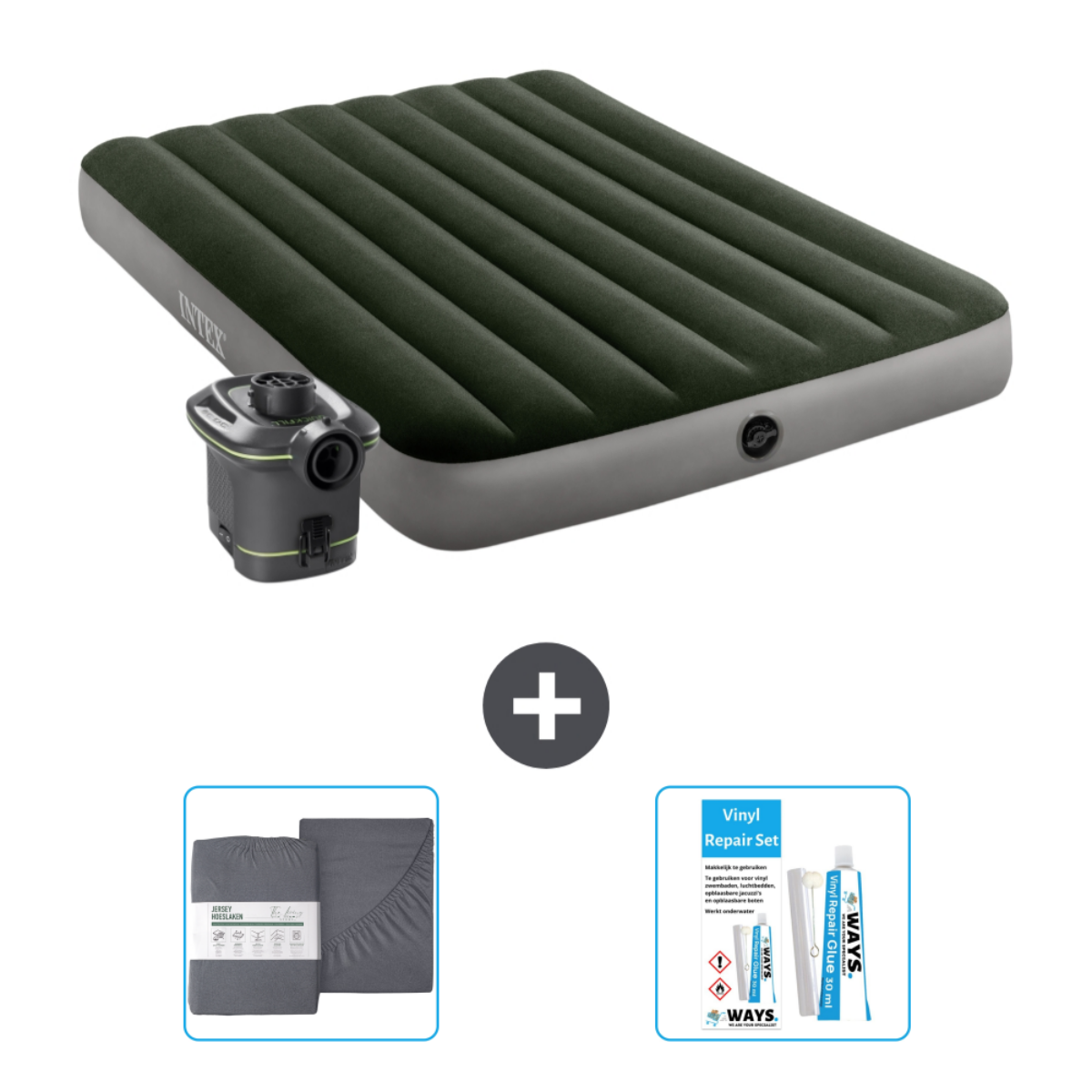 Donkergroene opblaasbare matras, inclusief pomp, reparatieset en grijze lakens.