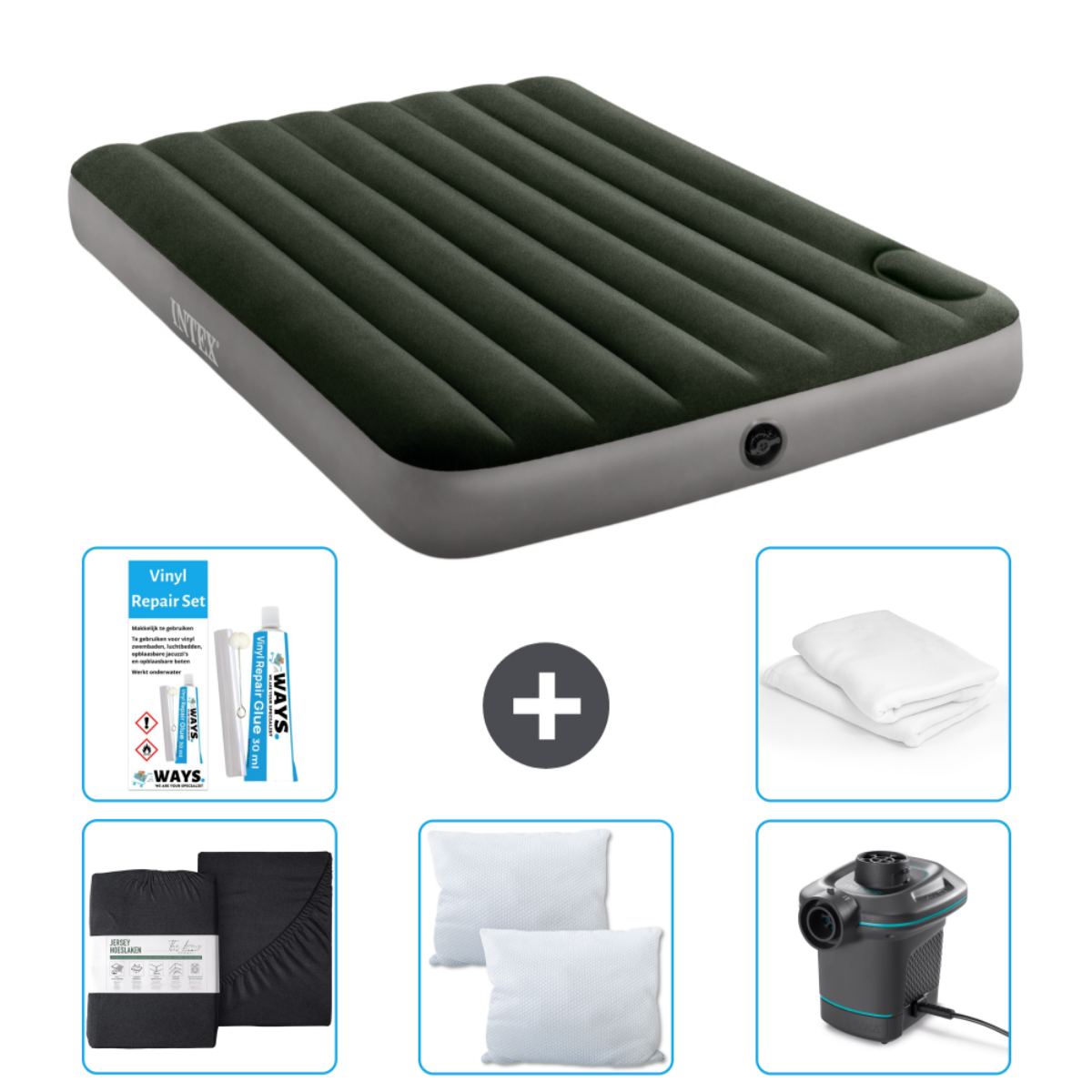 Matelas gonflable vert avec accessoires: kit de réparation, draps, oreillers et pompe. Marque Intex.