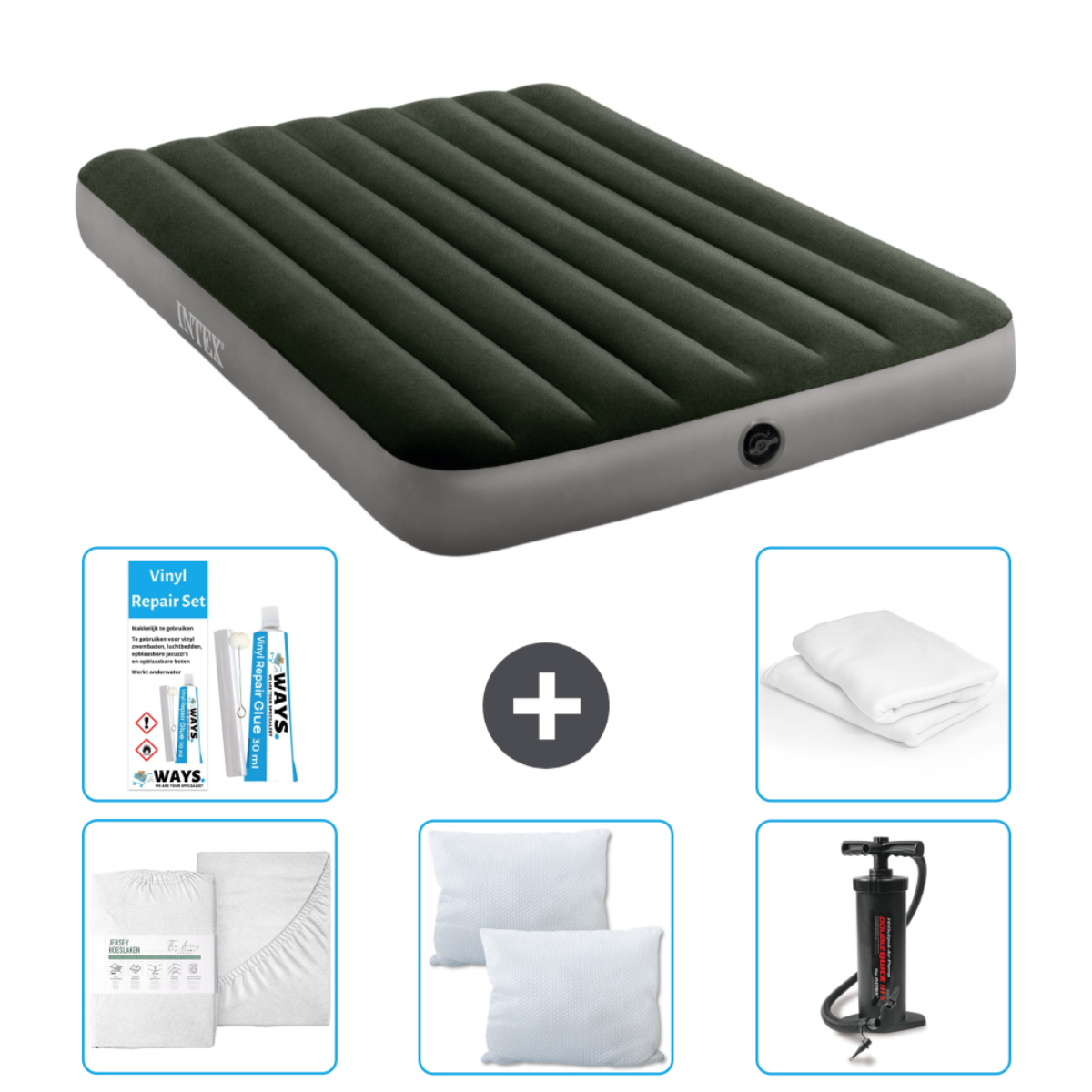 Matelas gonflable Intex vert avec draps, oreillers, pompe et kit de réparation.