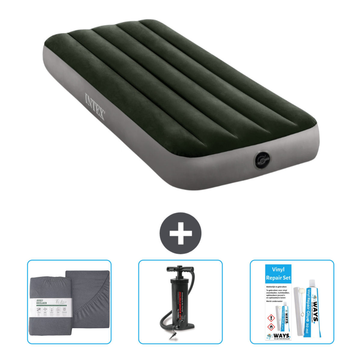 Donkergroen opblaasbaar matras met pomp, lakens en een reparatieset.