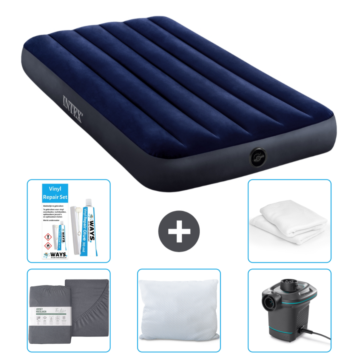 Een Intex luchtbed, lakens, kussen, reparatieset en elektrische pomp worden getoond. Het matras is blauw.