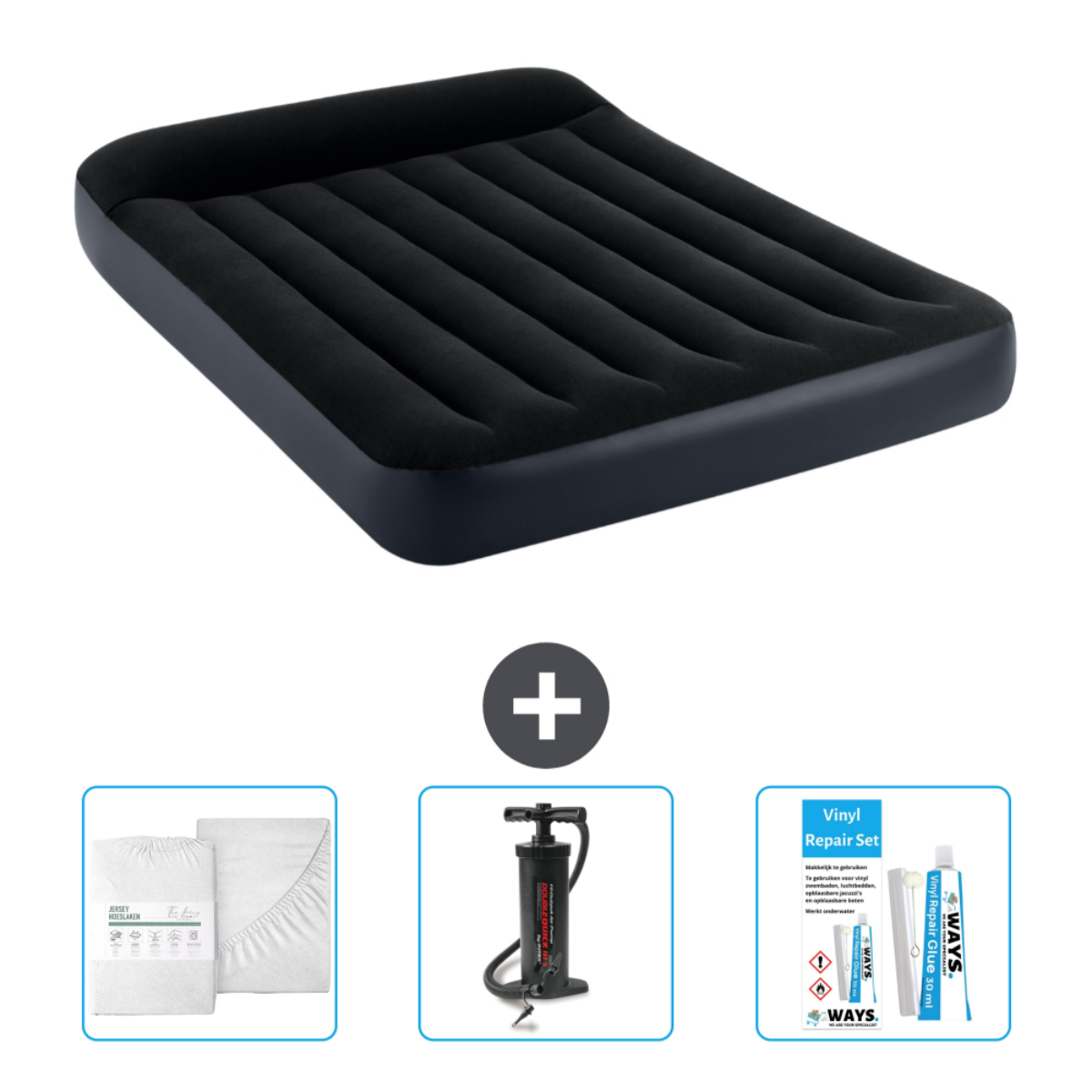 Zwart opblaasbaar matras met beddengoed, pomp en reparatieset.