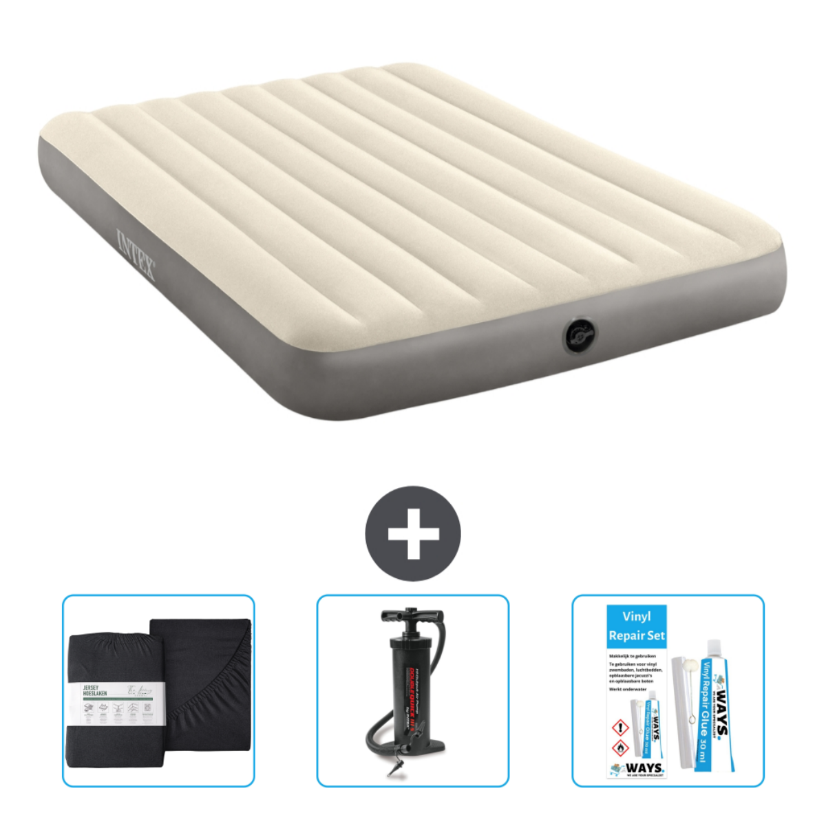 Een luchtmatras, reparatieset, lakens en een handpomp worden weergegeven. De matras is crèmekleurig.