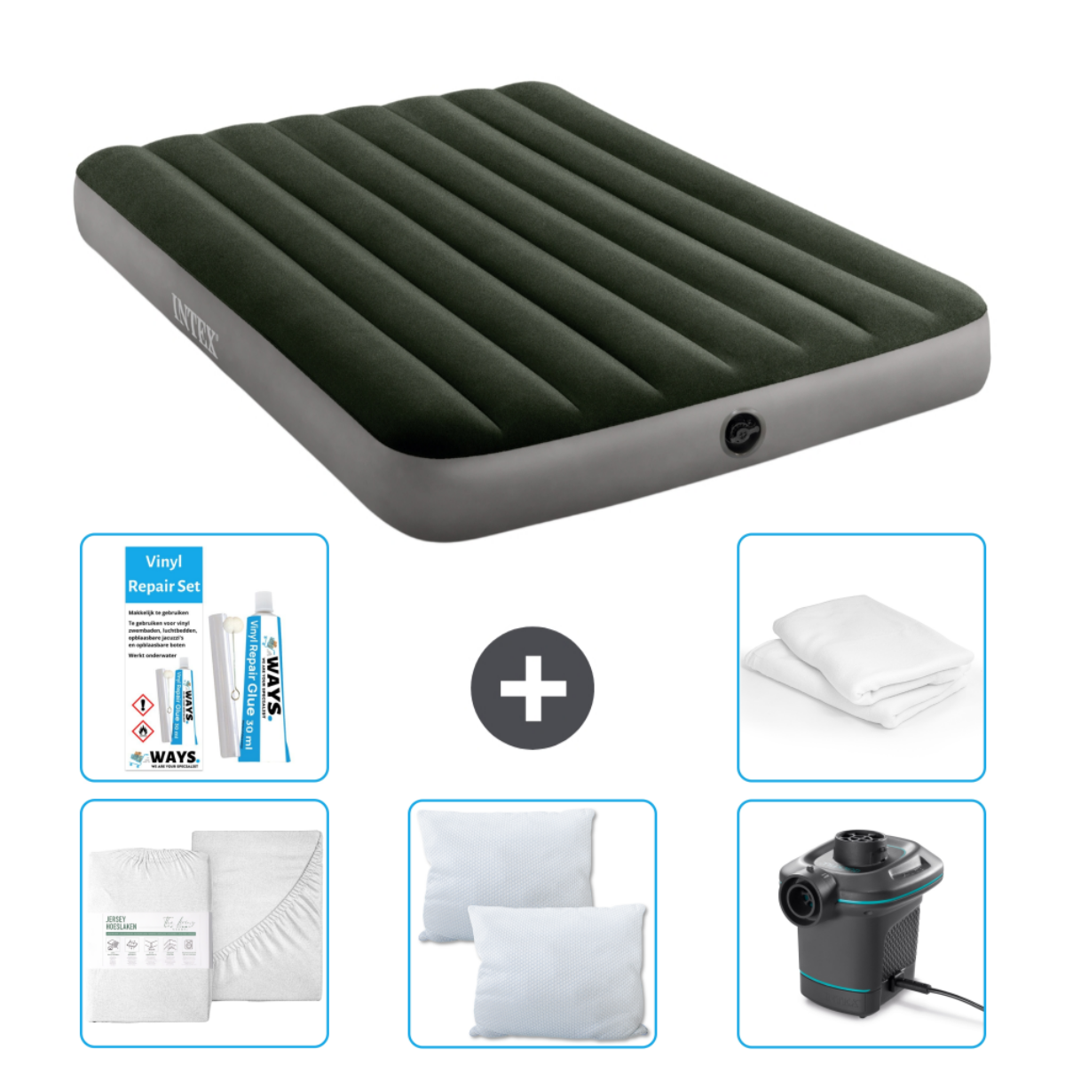 Groen luchtmatras met accessoires: reparatieset, lakens, kussens en pomp. Merk Intex.