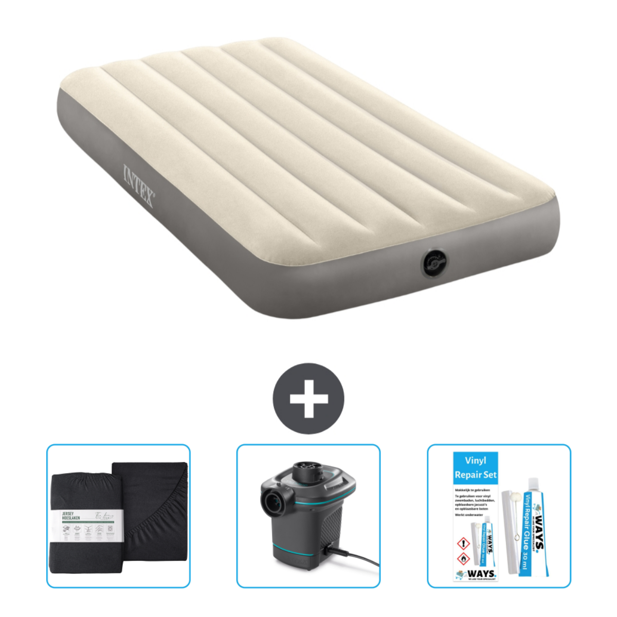 Een luchtmatras, reparatieset, lakens en een elektrische pomp worden weergegeven. De matras is crèmekleurig.