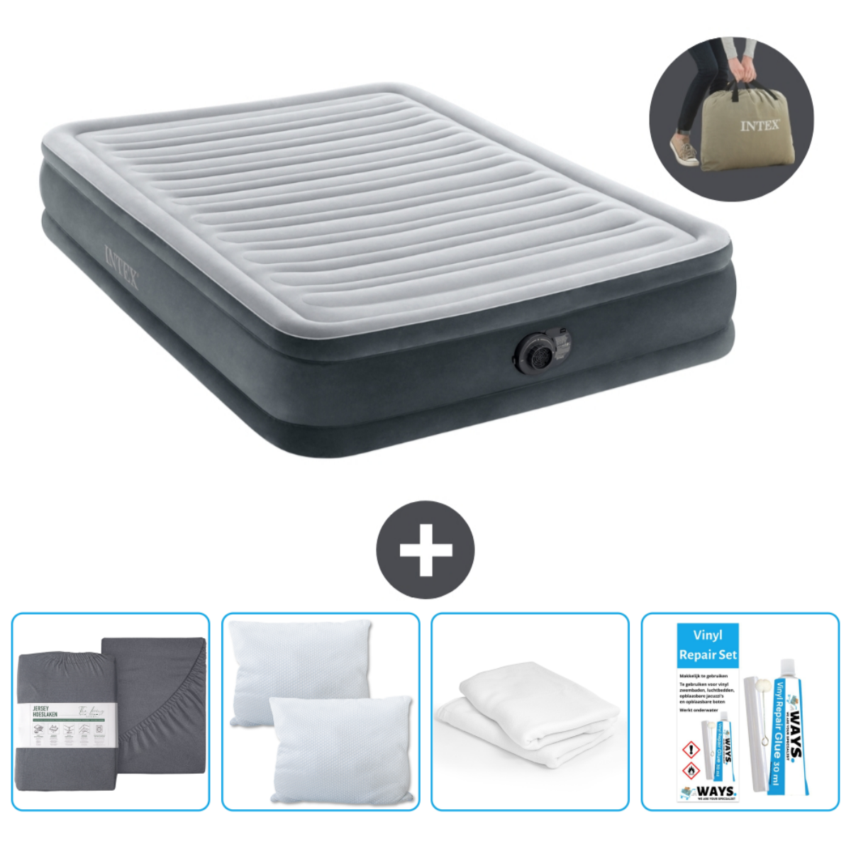 Matelas gonflable gris, accessoires : ensemble de draps, oreillers, draps et kit de réparation. Fond : sac.