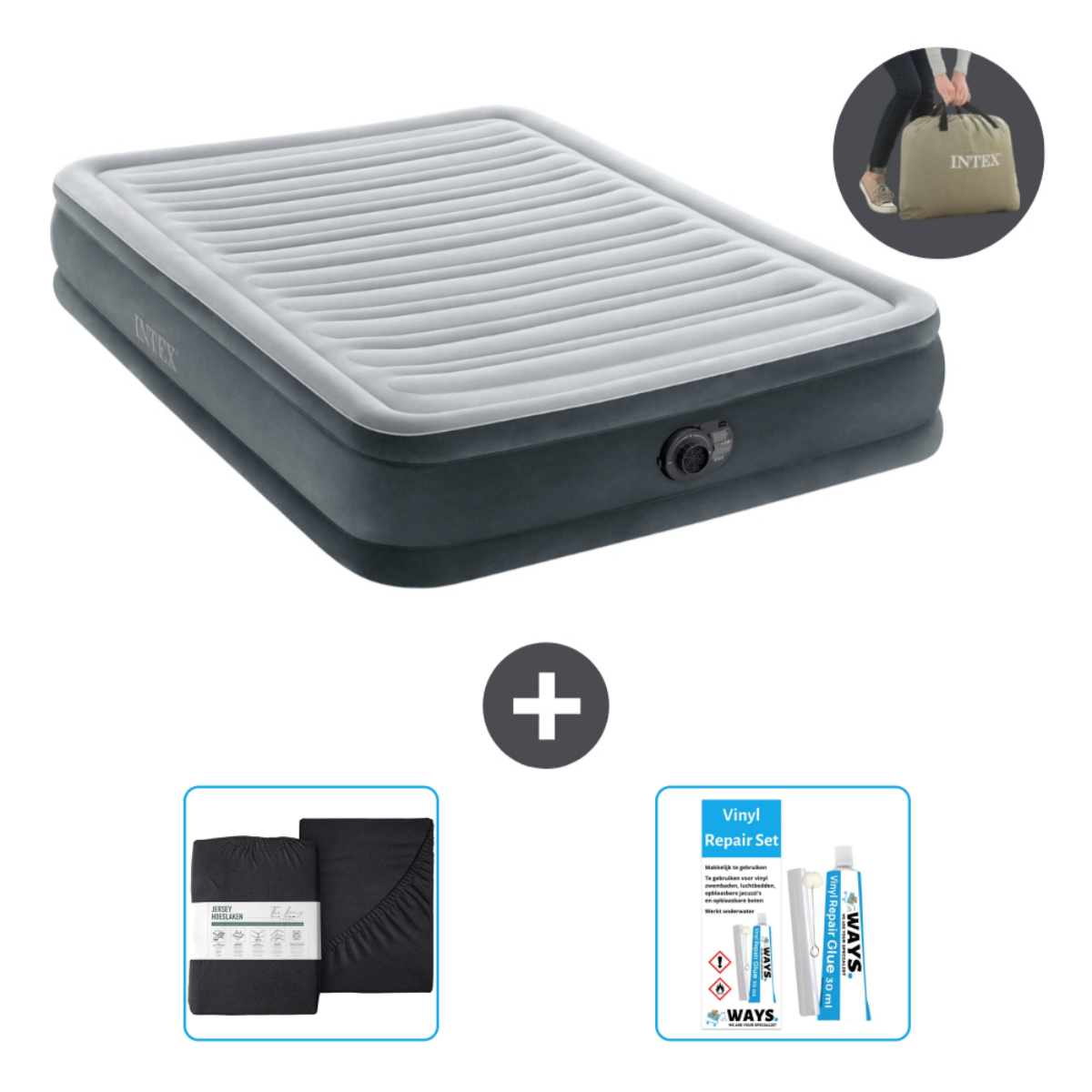Matelas gonflable gris avec accessoires: draps et kit de réparation.