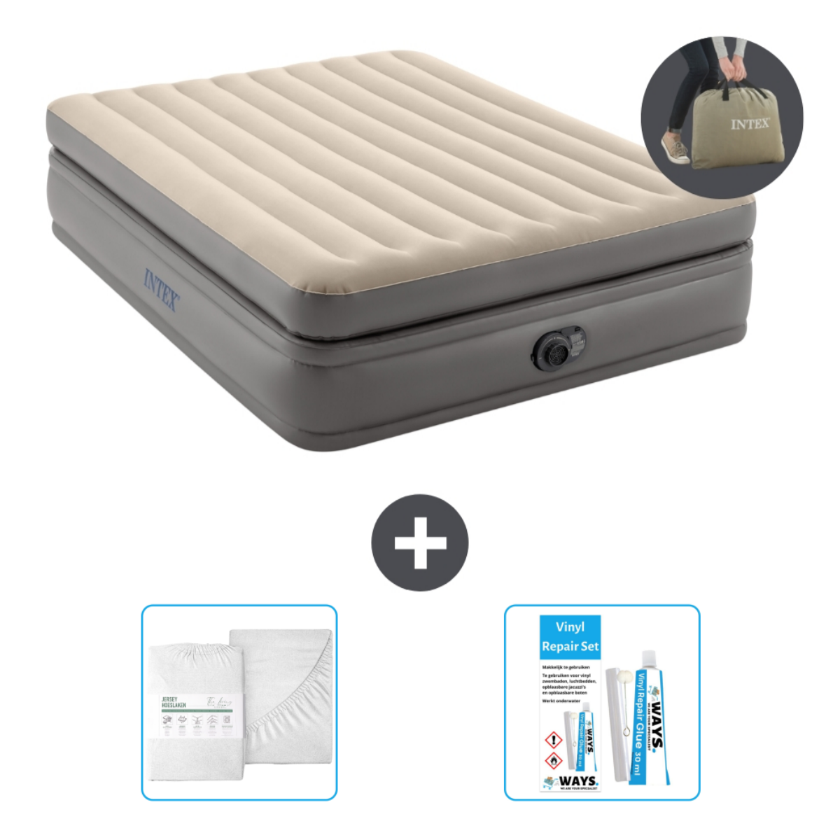 Lit gonflable beige avec base grise, draps et kit de réparation. Inclut un sac de transport.