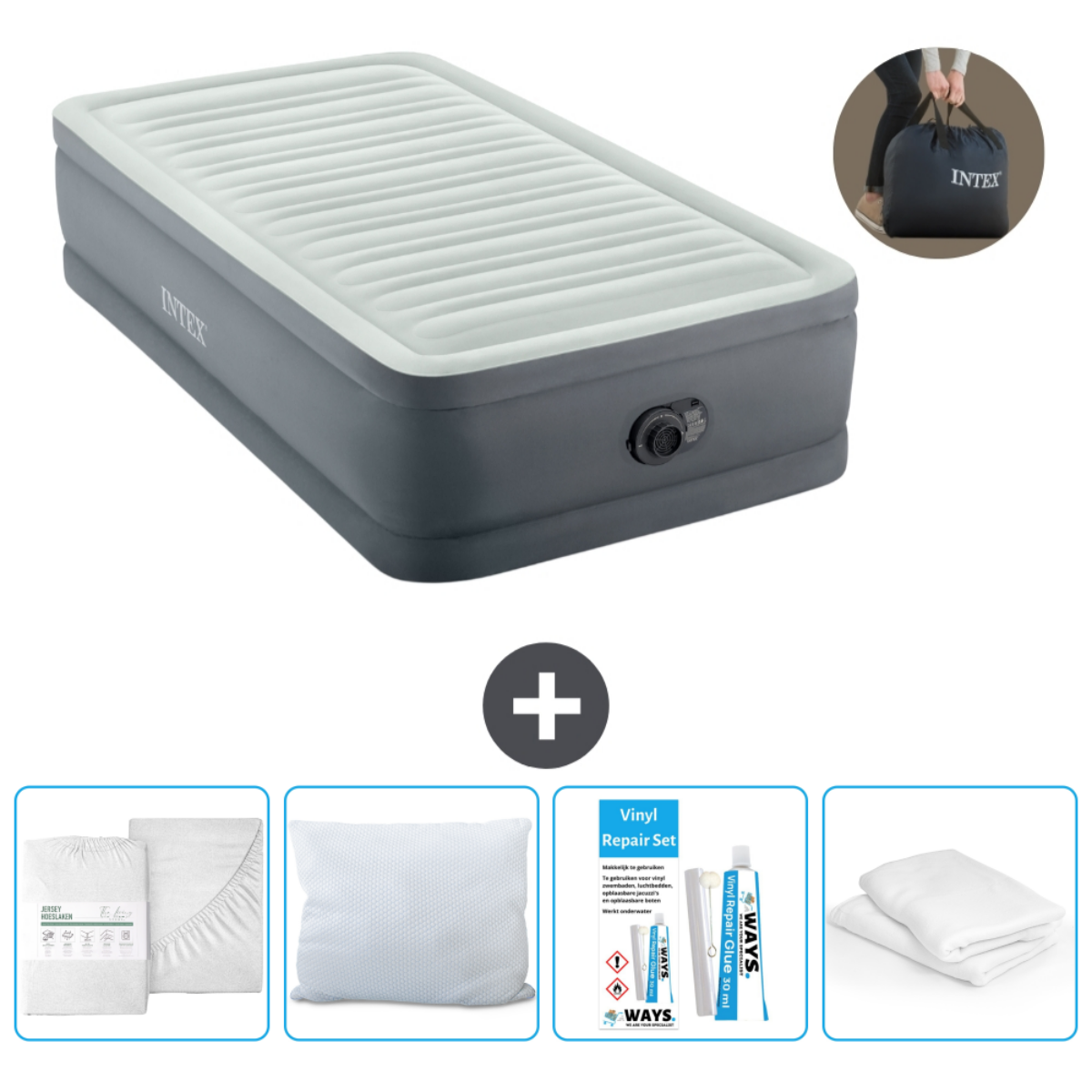 Wit en grijs opblaasbaar bed met lakens, kussens en reparatieset. Inclusief draagtas.