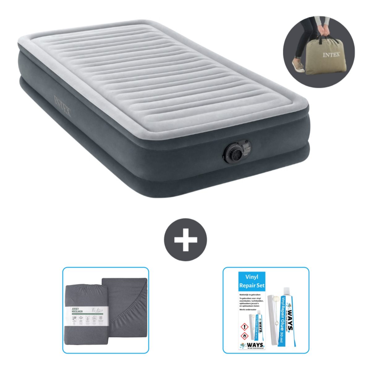 Grijs en wit opblaasbaar bed, inclusief reparatieset en persoon met tas.