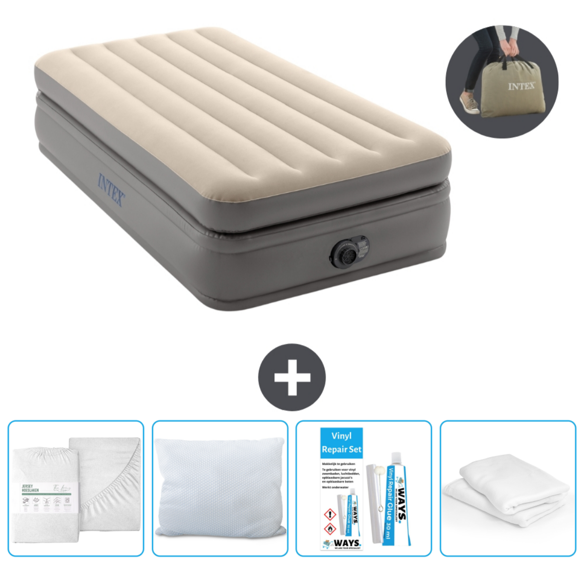 Beige en bruin opblaasbaar bed, inclusief reparatieset, kussens, witte lakens en persoon met tas.