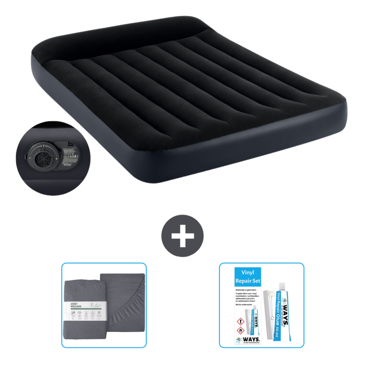 Zwart luchtmatras met accessoires: lakens en reparatieset. Inclusief pomp. Intex.