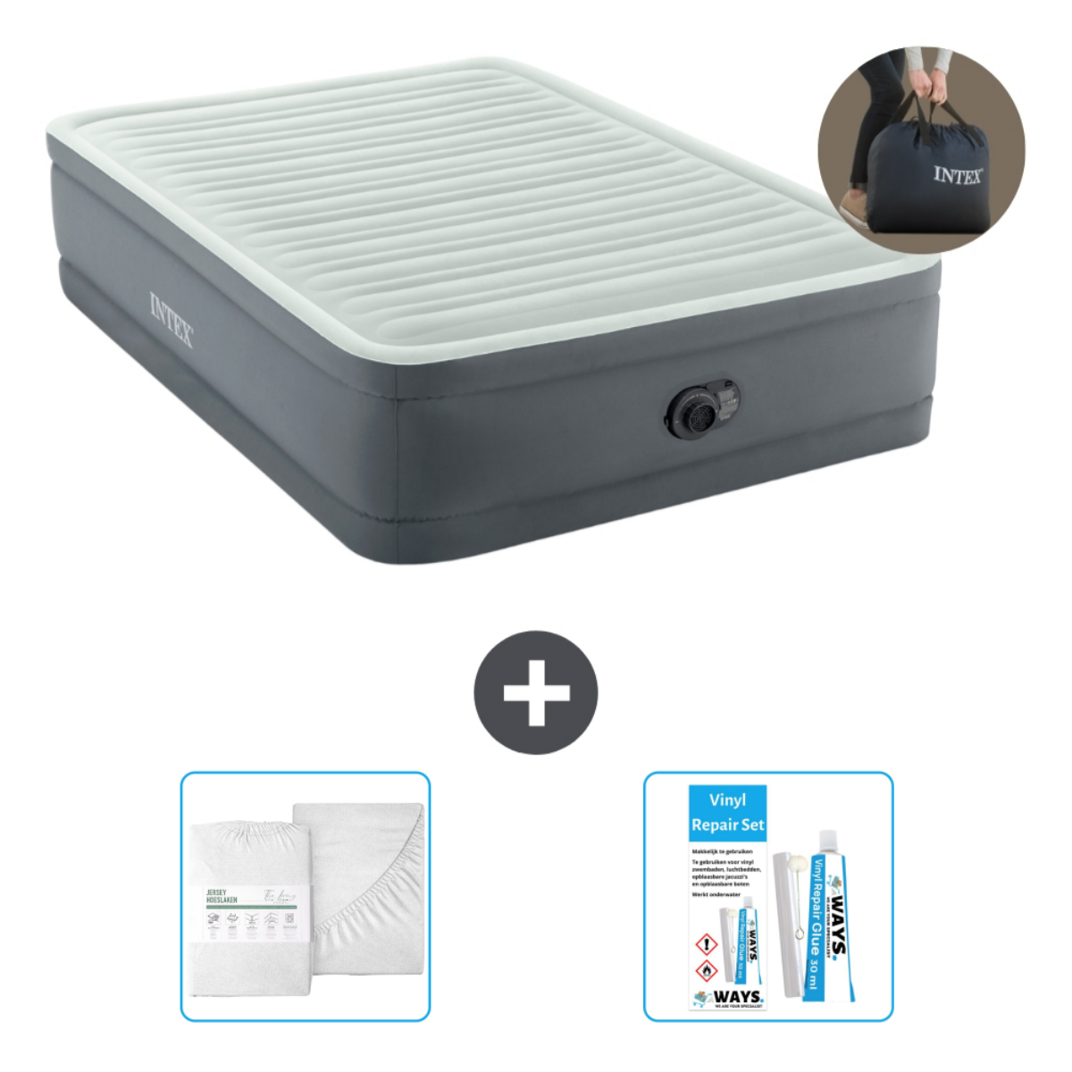 Grijs opblaasbaar matras met beddengoed, reparatieset en draagtas.