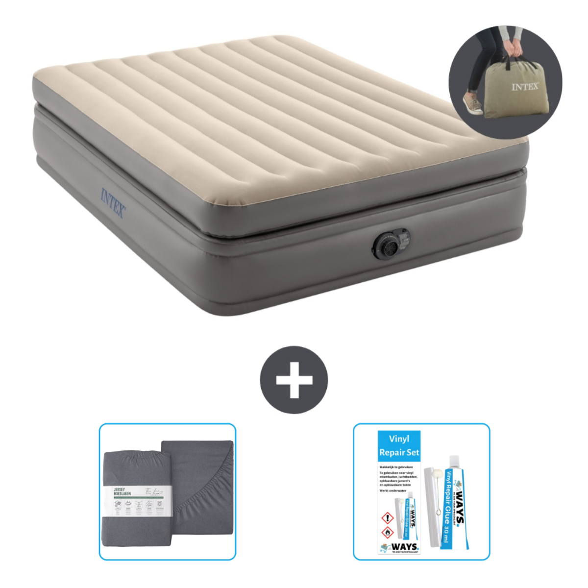 Beige opblaasbaar bed met grijze basis, lakens en reparatieset. Inclusief draagtas.