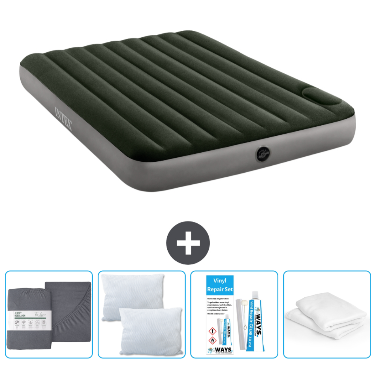 Donkergroen opblaasbed met accessoires: reparatieset, lakens, kussens. Plus teken geeft meegeleverde items aan.