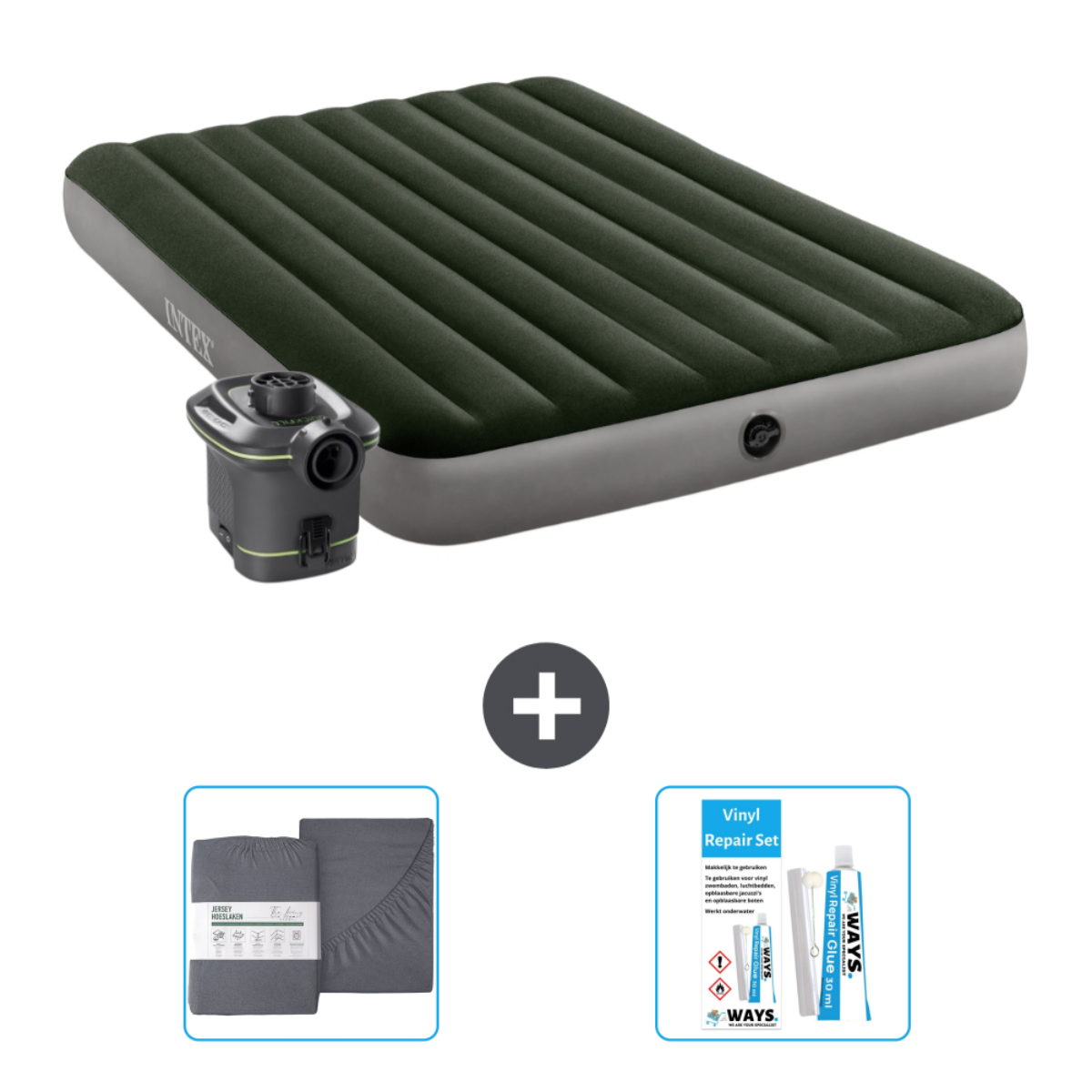Donkergroen opblaasbaar matras met accessoires: pomp, lakens en reparatieset.