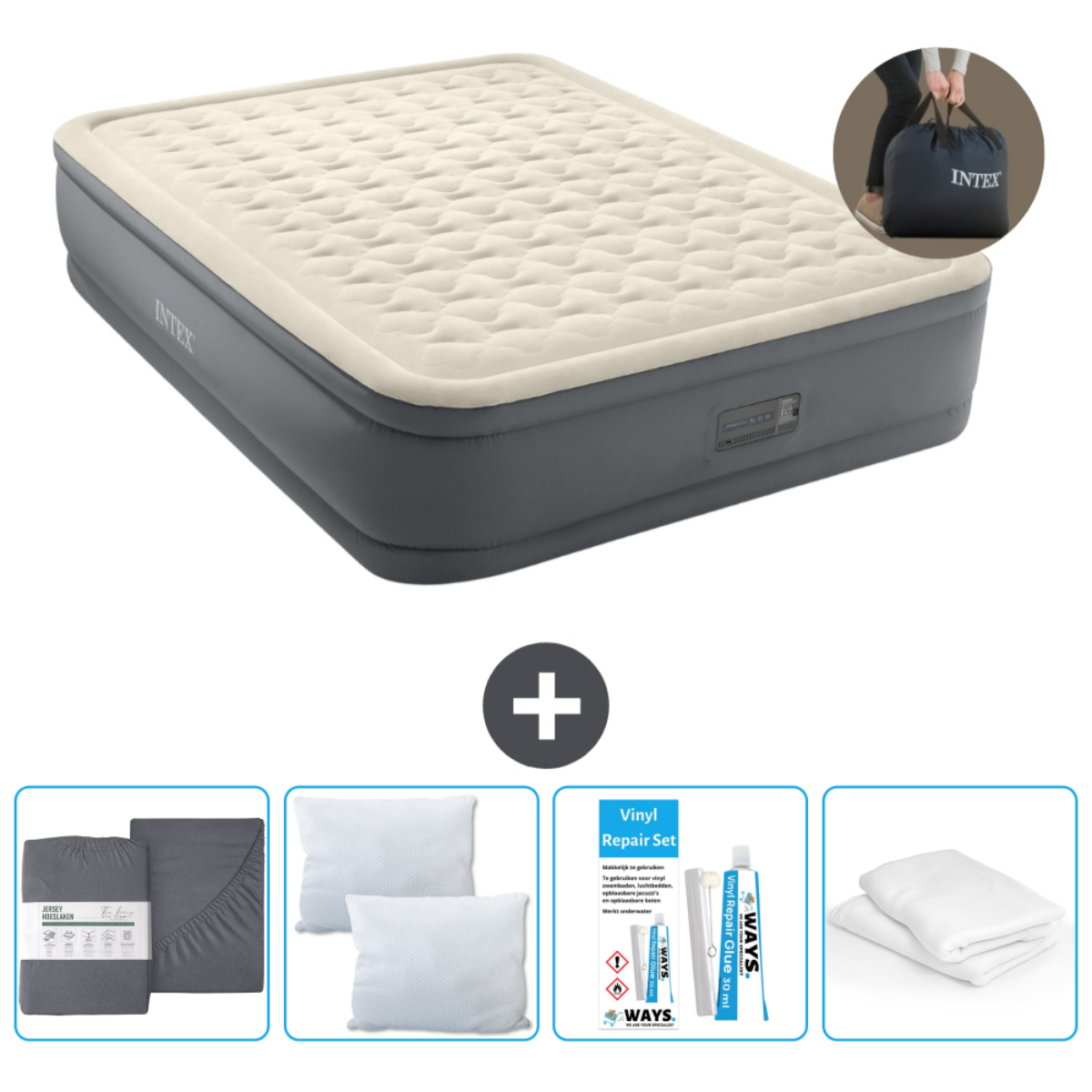 Beige luchtbed, accessoires: lakenset, kussens, lakens en reparatieset. Achtergrond: tas.