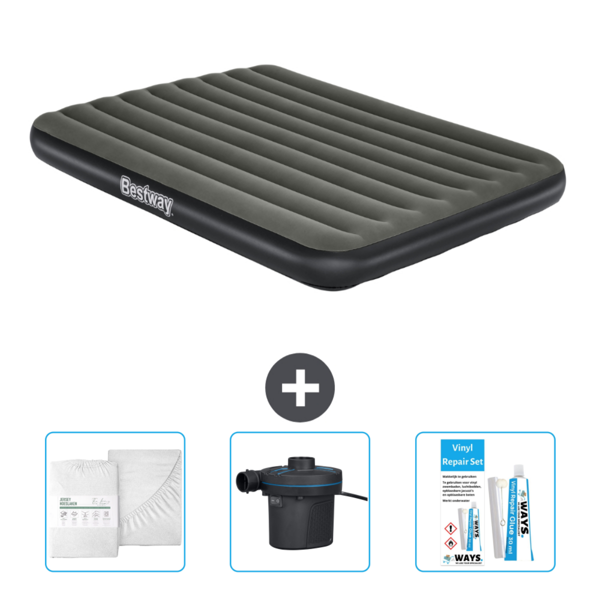 Zwart Bestway opblaasbaar matras met accessoires: pomp, lakens en reparatieset.
