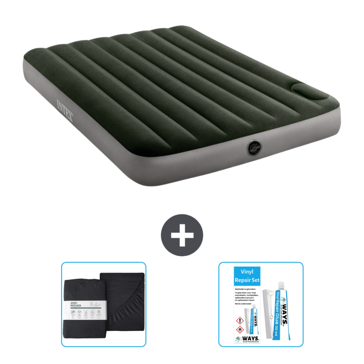 Donkergroen opblaasbed met accessoires: reparatieset en lakens. Plus teken geeft meegeleverde items aan.