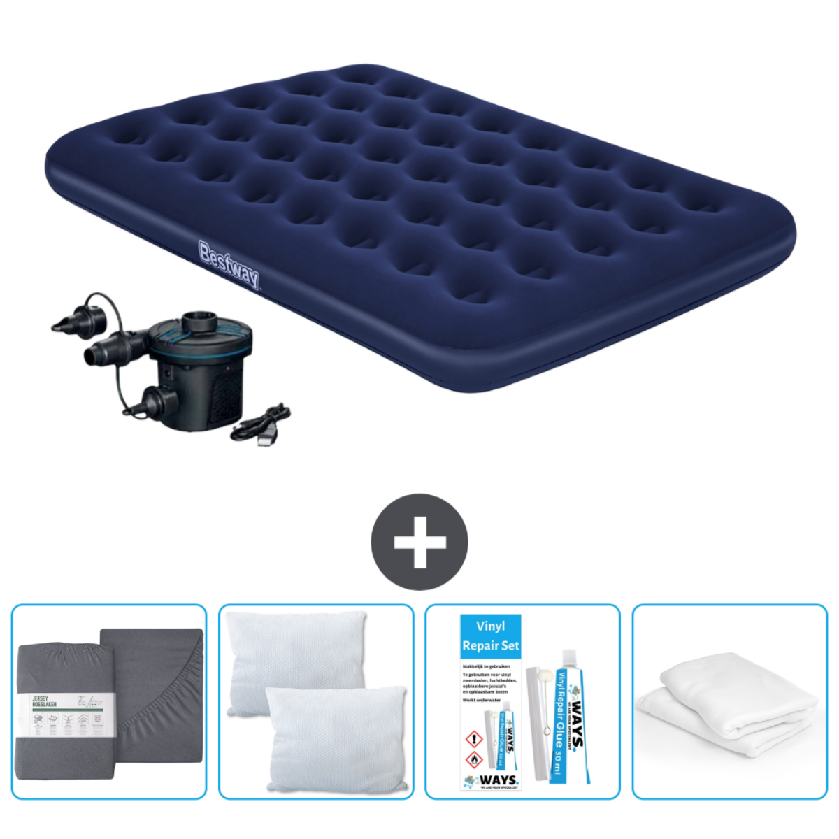 Donkerblauw opblaasbaar matras, met lakens, kussens, pomp en reparatieset op witte achtergrond.