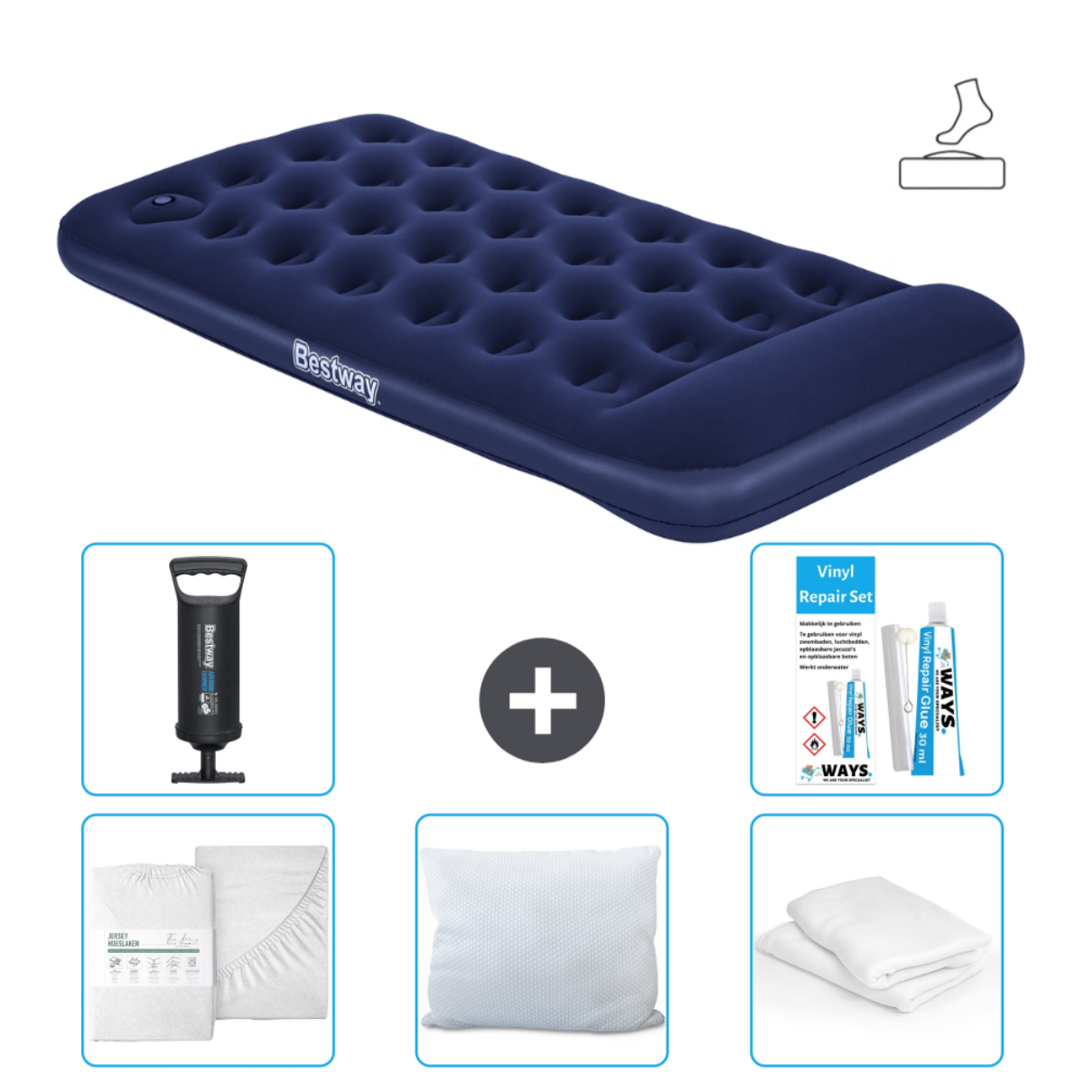 Donkerblauw Bestway luchtbed met accessoires: lakens, kussen, pomp en reparatieset, witte achtergrond.